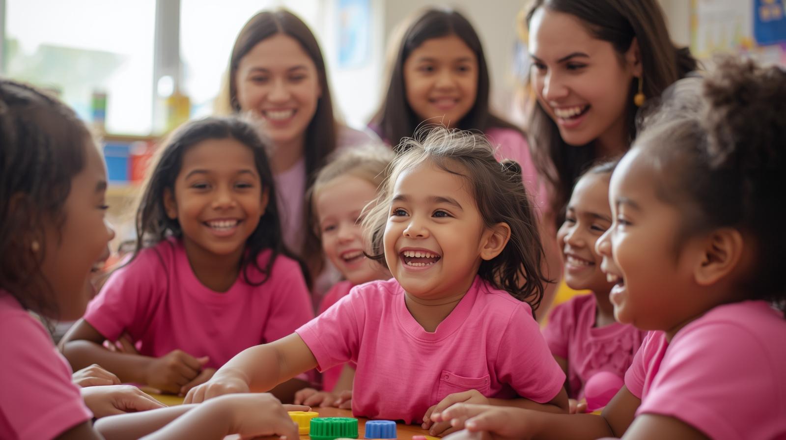 Children and teacher in a bright, friendly classroom
